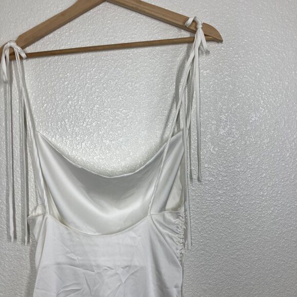 LEAU Dress Womens Small White Satin Cowl Neck Ruched Drawstring Slip Tie Straps - Picture 15 of 16